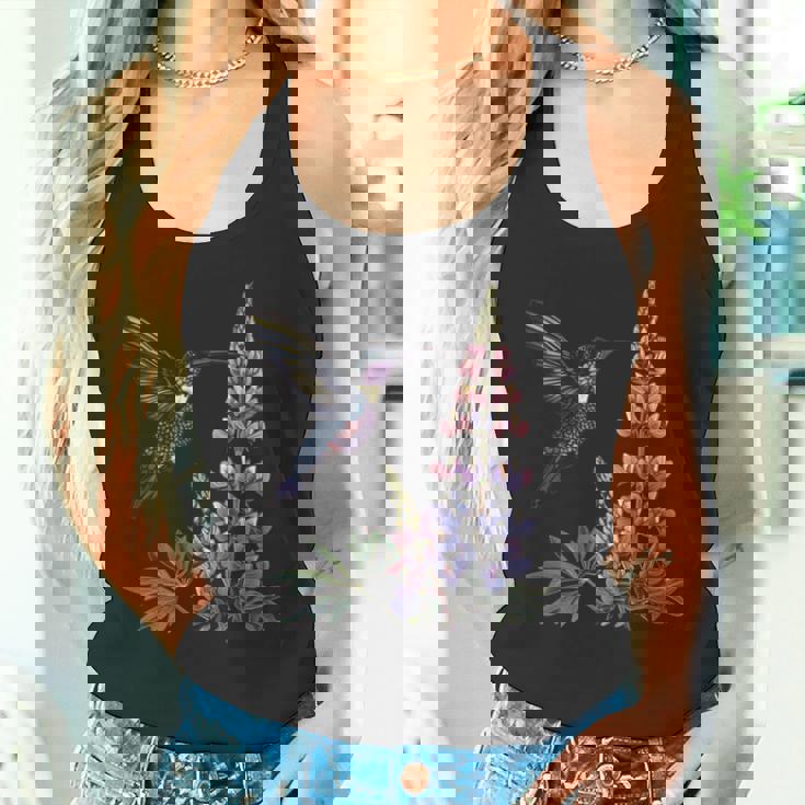 かわいいハチドリ バードウォッチング ルピナスフラワーガール 植物 ママ 長袖tシャツ タンクトップ