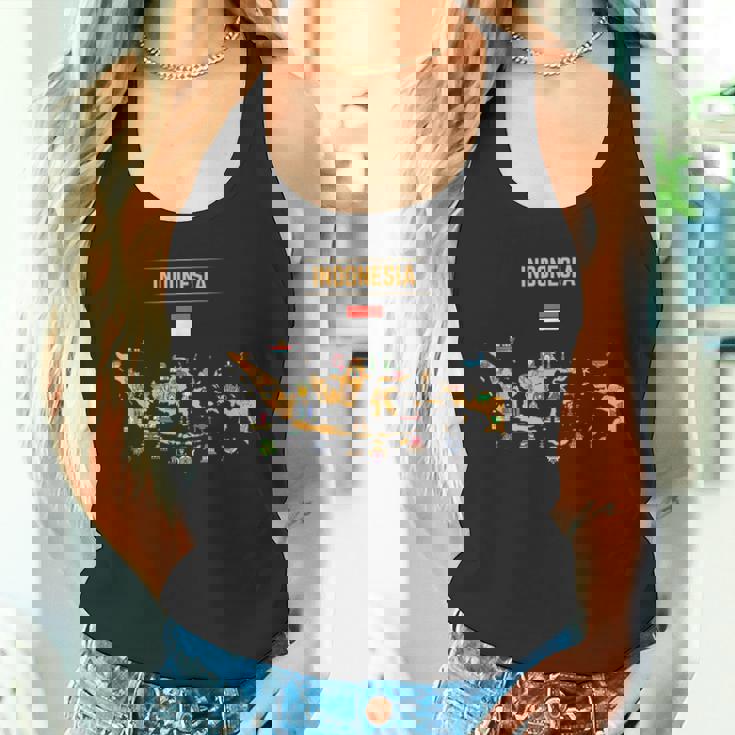 インドネシアの地図。 有名な国のランドマークのアイコン、伝統 タンクトップ