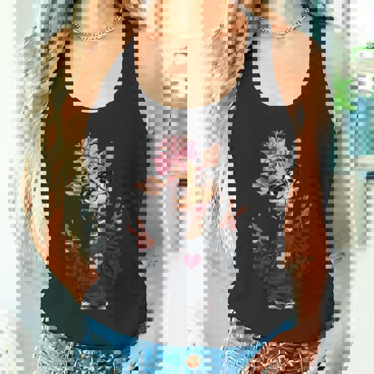 キリンガール ダブルピースサイン ピンク リボン ポップ グラフィック 遊び心のある 長袖tシャツ タンクトップ