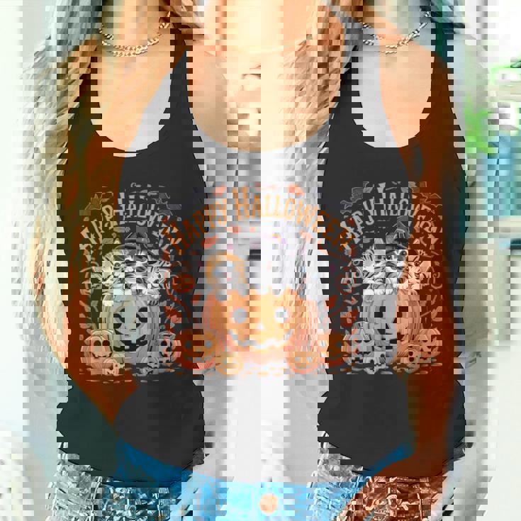 ハッピーハロウィン猫 パンプキン 魔女の帽子デザイン タンクトップ