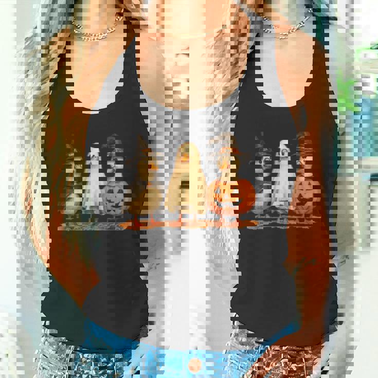 ペンギン 魔女 ゴースト パンプキン トリオ ハロウィン 楽しい 長袖tシャツ タンクトップ