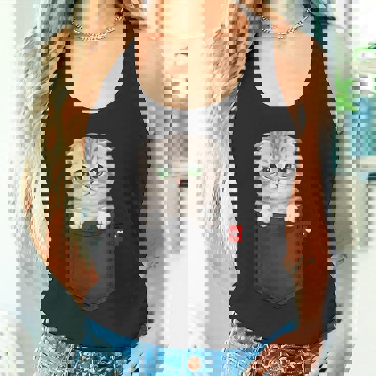 ポケットに入ったスコティッシュフォールド猫 のぞくかわいい子猫 タンクトップ