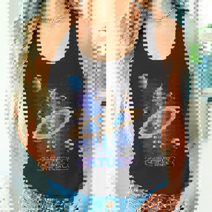 宇宙の土星猫土星ギャラクシー面白い子猫猫の恋人 タンクトップ