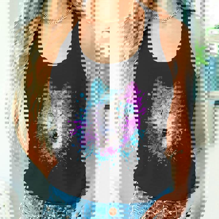 水彩 狼 頭 カラフル オオカミ 贈り物 タンクトップ