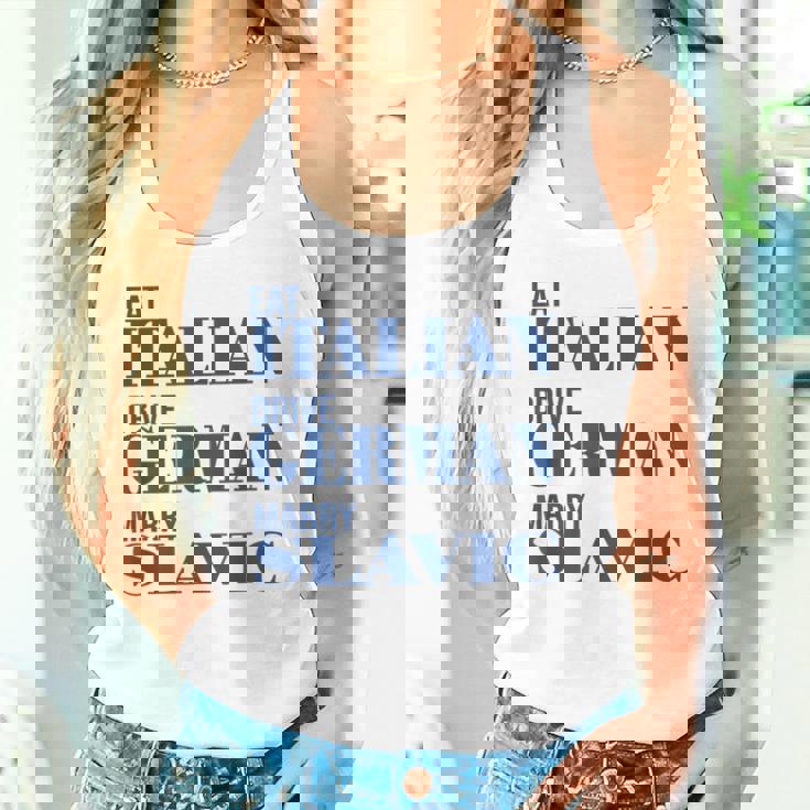 Eat Italian Drive German Marrylavic Quote Car ユーモア タンクトップ