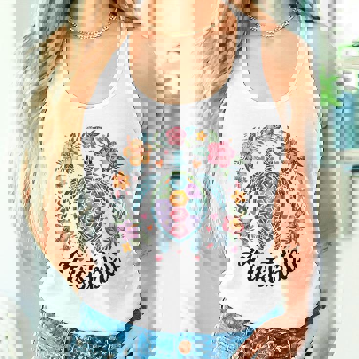 かわいいウミガメオーストラリア、楽しいトロピカルフラワーとハート タンクトップ