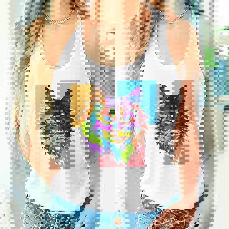 ペイントされた猫の顔 カラフル レインボー アートデザイン ギフトに最適 タンクトップ