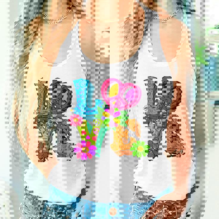 明るくカラフルな愛と平和 ピースサイン フラワートップ タンクトップ