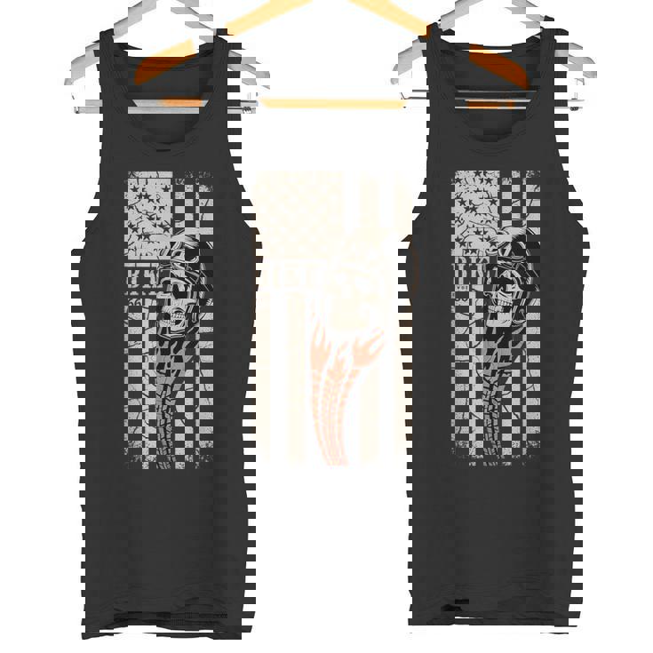 Biker Skull Vintage Art With Flames And American Flag Tank Top