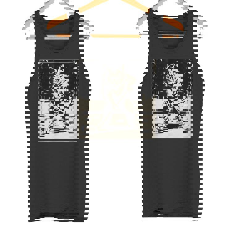 Retro Cat Playing Ice Hockey Stick Skating Sports Tank Top