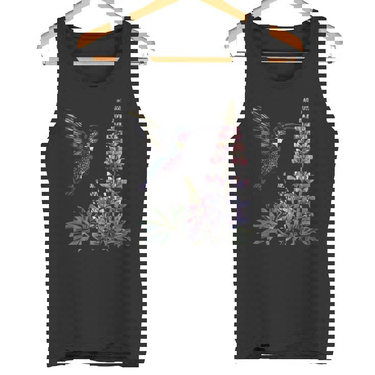 かわいいハチドリ バードウォッチング ルピナスフラワーガール 植物 ママ 長袖tシャツ タンクトップ