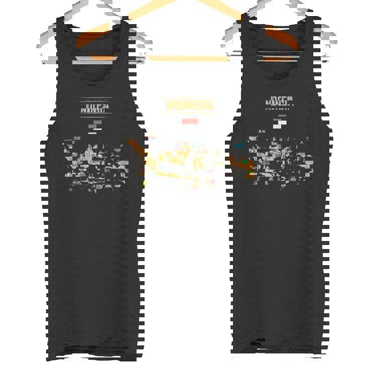 インドネシアの地図。 有名な国のランドマークのアイコン、伝統 タンクトップ