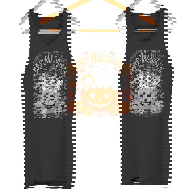 ハッピーハロウィン猫 パンプキン 魔女の帽子デザイン タンクトップ