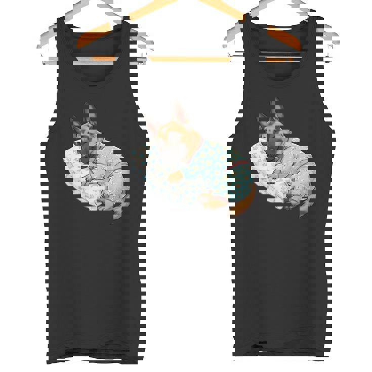 パジャマで寝ているかわいいベルギーのマリノア犬就寝アート 長袖tシャツ タンクトップ