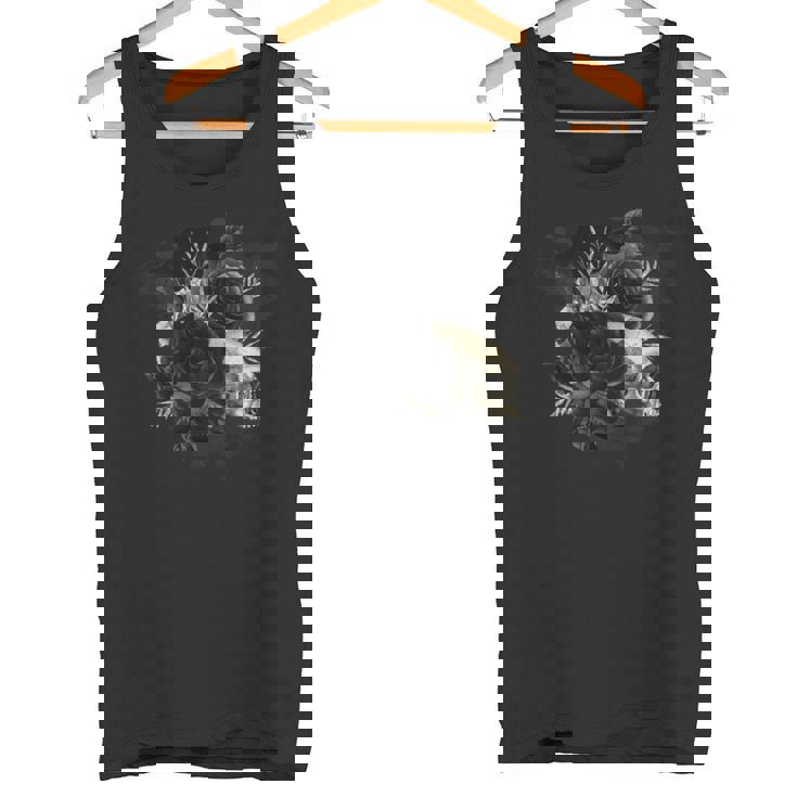 ブラックローズフラワーとスカルアート グランジスタイル 長袖tシャツ タンクトップ