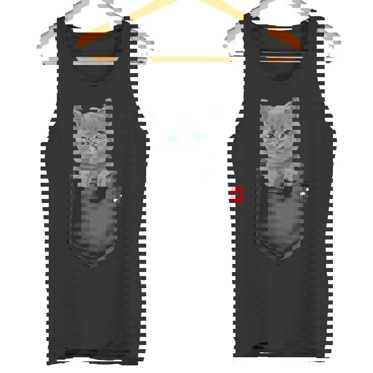 ブリティッシュショートヘア猫 ポケットの中 のぞくかわいい子猫 長袖tシャツ タンクトップ