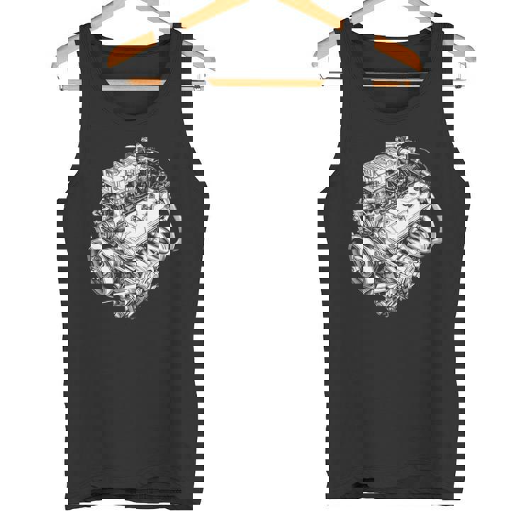 ヴィンテージカーエンジンコンポーネント 青写真 図 メンズグラフィック 長袖tシャツ タンクトップ