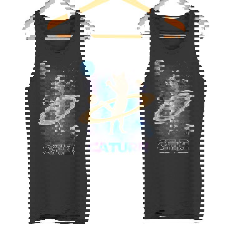 宇宙の土星猫土星ギャラクシー面白い子猫猫の恋人 タンクトップ