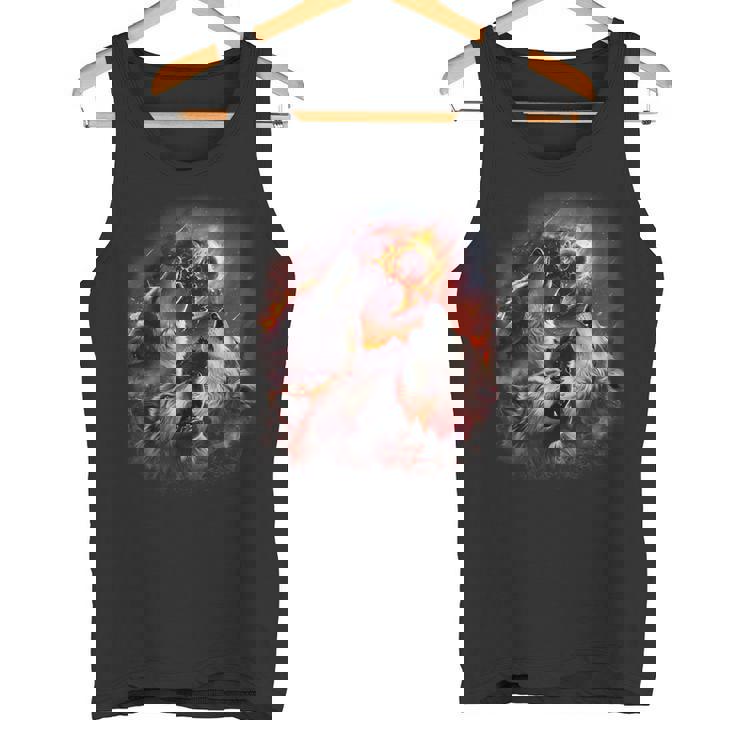 小惑星衝突月の下で燃える森で吠えるオオカミ タンクトップ