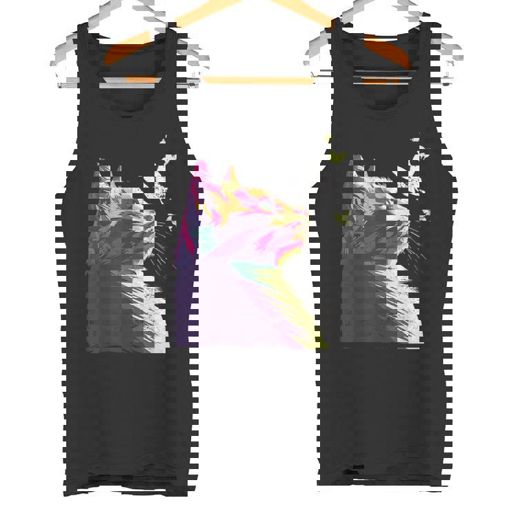 蝶と美しいカラフルな猫、パープル タンクトップ