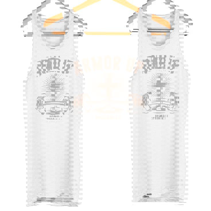 Men Armor Up Christian Workout Gym Camo Jesus Cross Dumbbell Tank Top