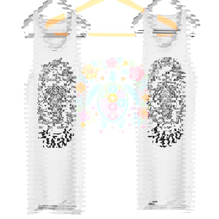 かわいいウミガメオーストラリア、楽しいトロピカルフラワーとハート タンクトップ