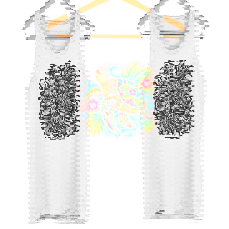 アロハ ウミガメ ハワイアン ホヌ フラワー ウェーブ オーシャン タンクトップ