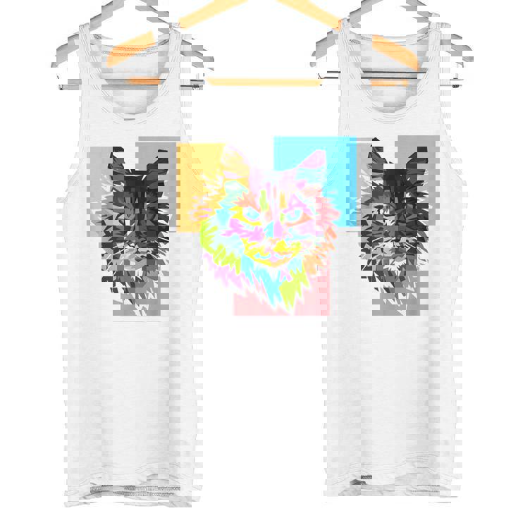 ペイントされた猫の顔 カラフル レインボー アートデザイン ギフトに最適 タンクトップ