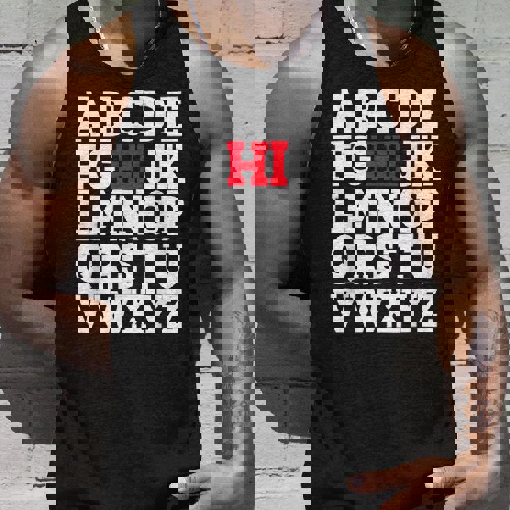 Abcのhiおかしいこんにちはアルファベット学生教師グリーティング タンクトップ 彼への贈り物