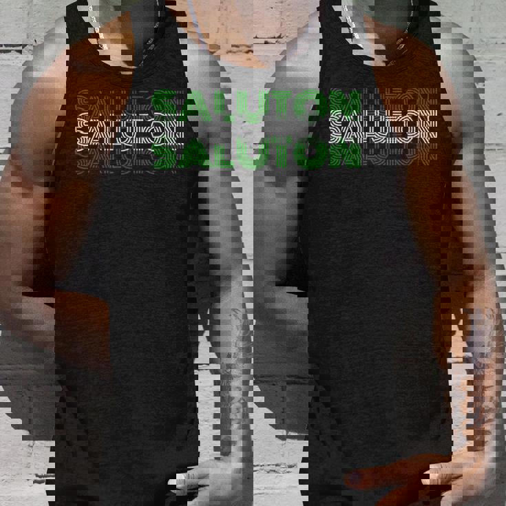 Saluton エスペラントのヘロ レトロテキスト タンクトップ 彼への贈り物