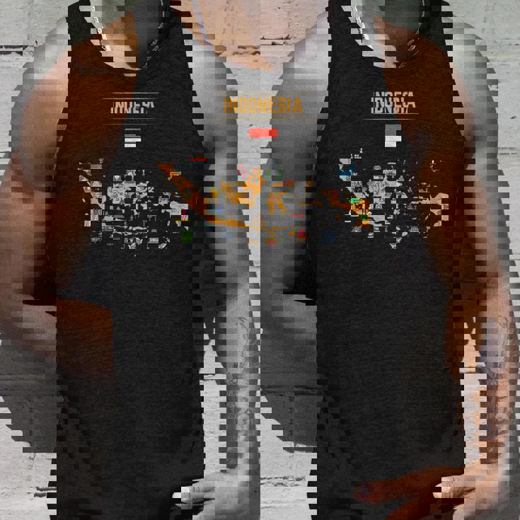 インドネシアの地図。 有名な国のランドマークのアイコン、伝統 タンクトップ 彼への贈り物