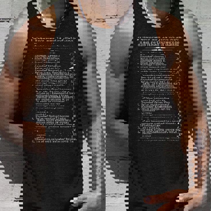 シャーロック・ホームズの長所と短所をワトソンのリスト。 タンクトップ 彼への贈り物