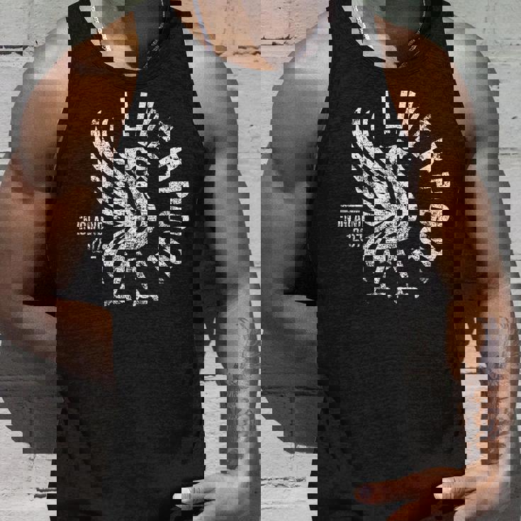 リバプール イングランド Est 1207 ラウンド ホワイト アンティーク調プリント タンクトップ 彼への贈り物