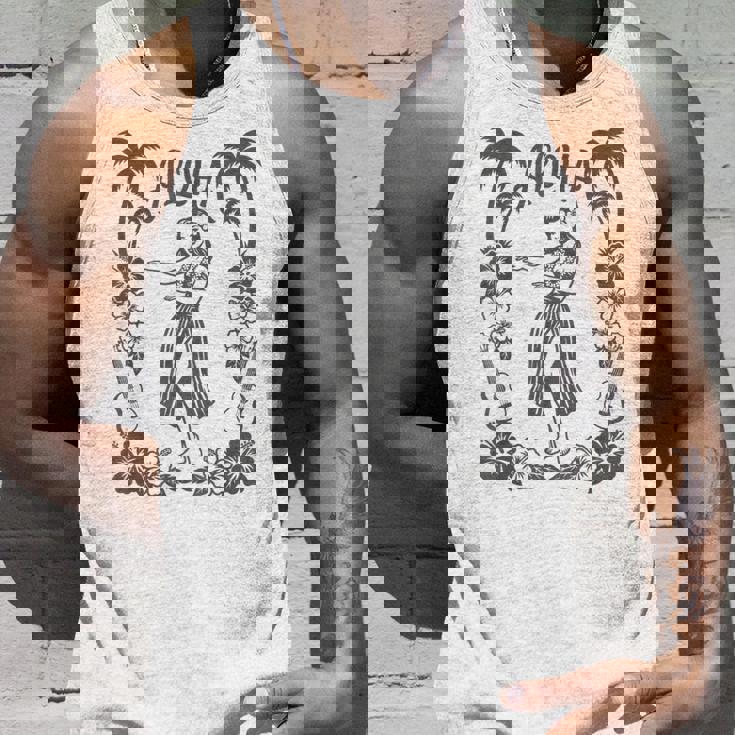 Aloha ハワイ ダンサー ヤシの木 ハイビスカス ウクレレ ルアウ ラインアート タンクトップ 彼への贈り物