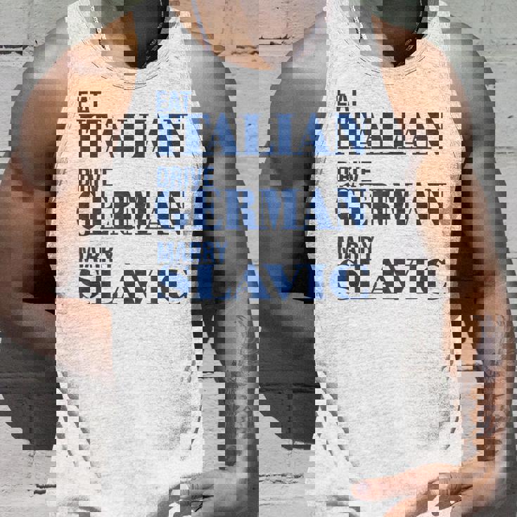 Eat Italian Drive German Marrylavic Quote Car ユーモア タンクトップ 彼への贈り物