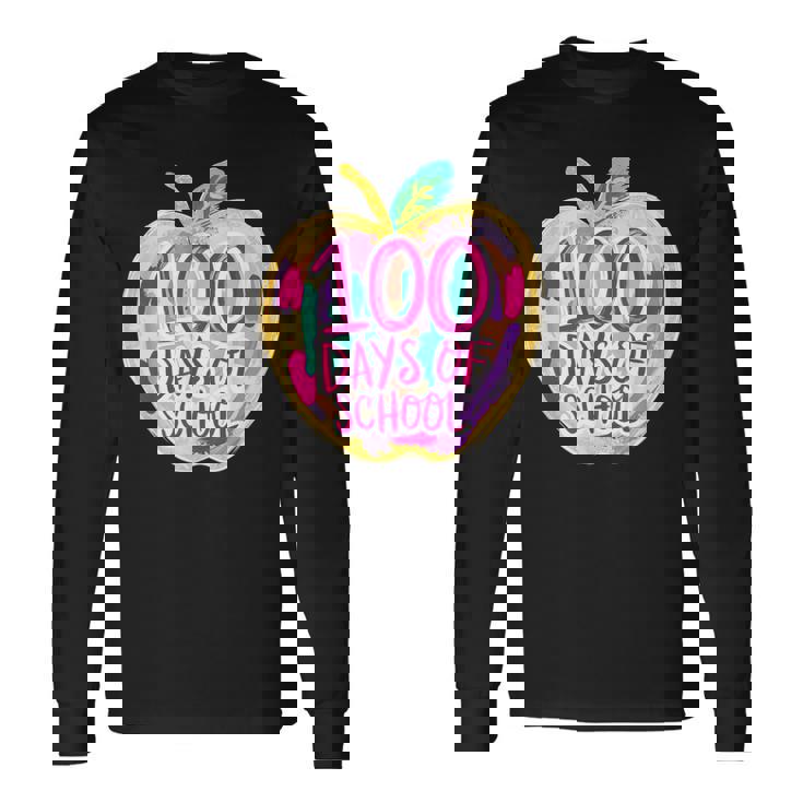 100 Days Of School Apple Teacher Student Kids Groovy Retro Long Sleeve T-Shirt