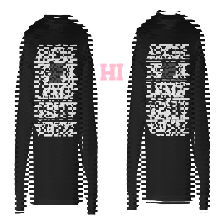 Abcのhiおかしいこんにちはアルファベット学生教師グリーティング 長袖Tシャツ