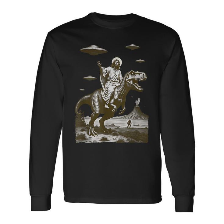 Bigfootoucoupeolante Jésusur Dinosaure T-shirt à manches longues