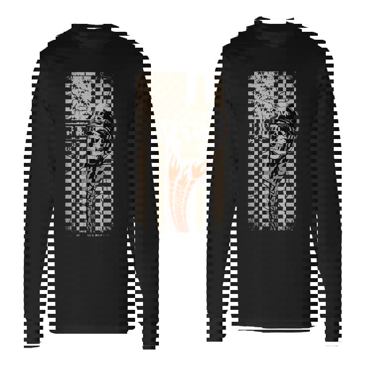 Biker Skull Vintage Art With Flames And American Flag Long Sleeve T-Shirt