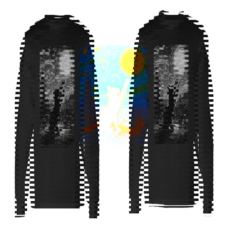 Black Cat Starry Night Van Gogh Cat Cat Mom Cat Dad Long Sleeve T-Shirt