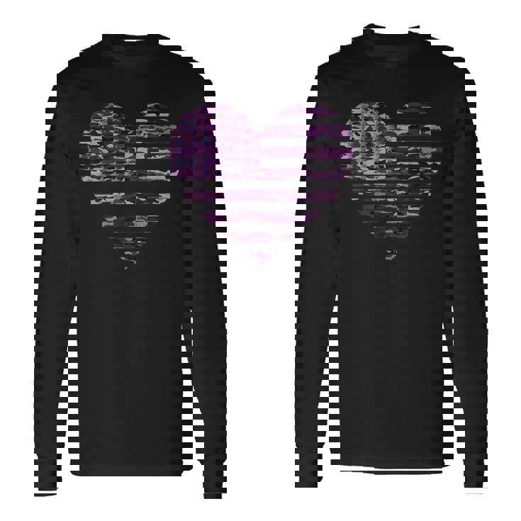 Camo American Flag Heart Camouflage Tactical Purple Military Long Sleeve T-Shirt