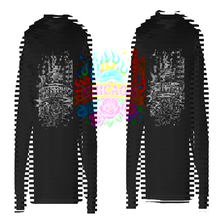 Chicago Rainbow City Retro Tattoo Aesthetic Long Sleeve T-Shirt