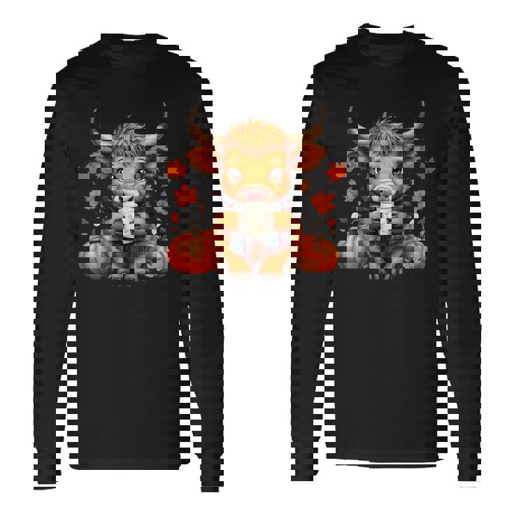 Cute Highland Cow Autumn Pumpkin Fall Coffee Pumpkin Spice Long Sleeve T-Shirt