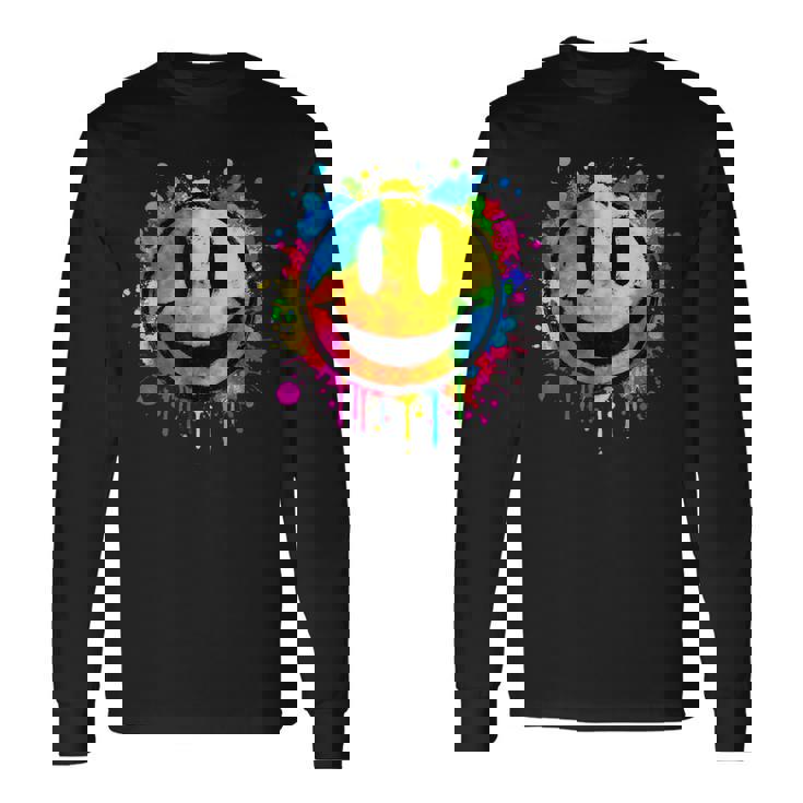 Cute Paint Splash Happy Smile Face 70s Tie Dye Smiling Long Sleeve T-Shirt
