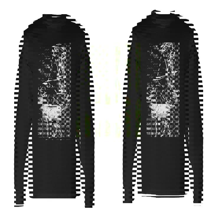 Deer Bowhunter American Flag Archery Hunting Tee Long Sleeve T-Shirt