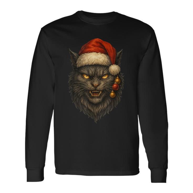 Evil Christmas Cat With Santa Hat And Ornaments Long Sleeve T-Shirt