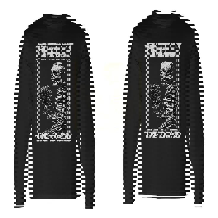 Finally Time To Read Book Lover Bookworm スケルトン 面白い本 長袖Tシャツ