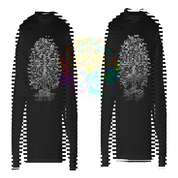 Full Foliage Tree Of Life 葉がいっぱいのレインボー生命の木 長袖Tシャツ