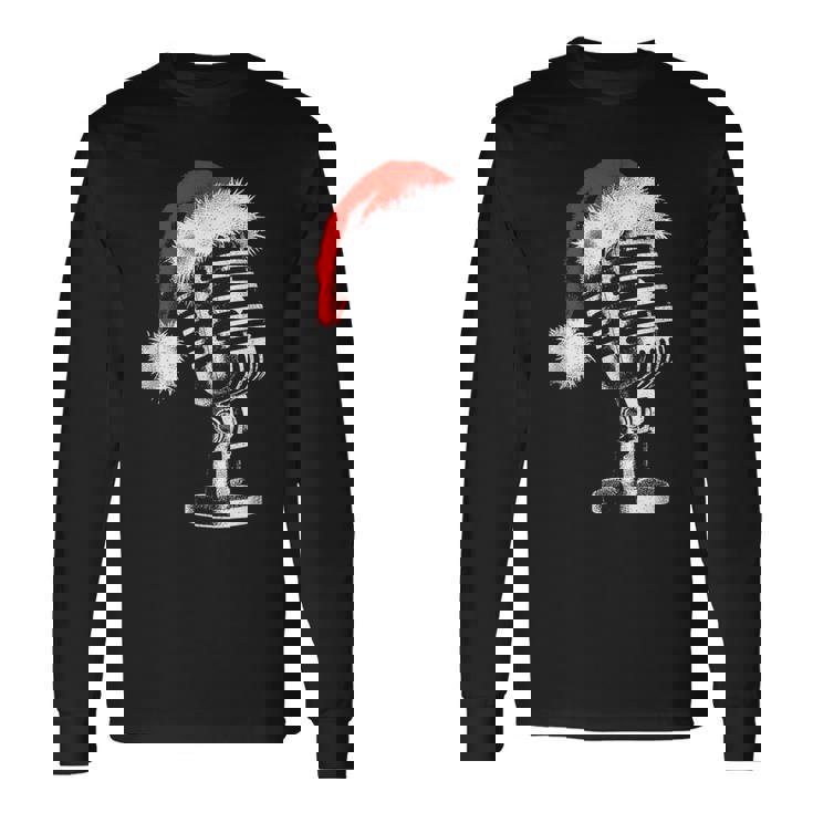 Gorro De Papá Noel Con Micrófono -Intage Karaoke Navidad Amante Camiseta de manga larga