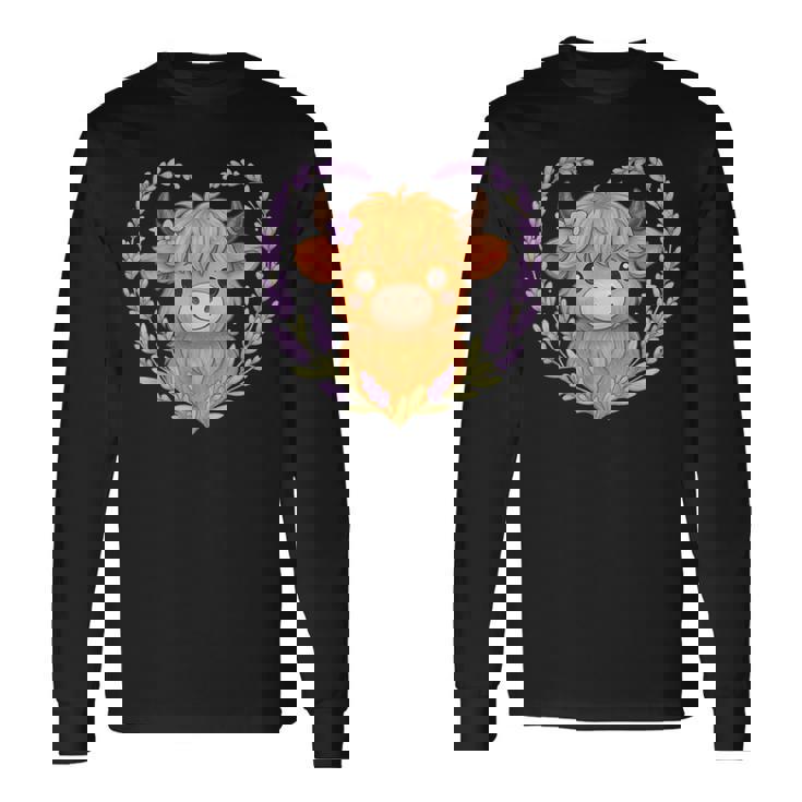 Highland Cow Lavender Heart Long Sleeve T-Shirt